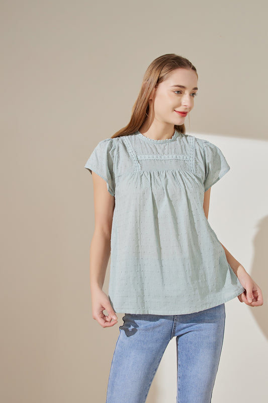 Short sleeve shirt with lace on front neck