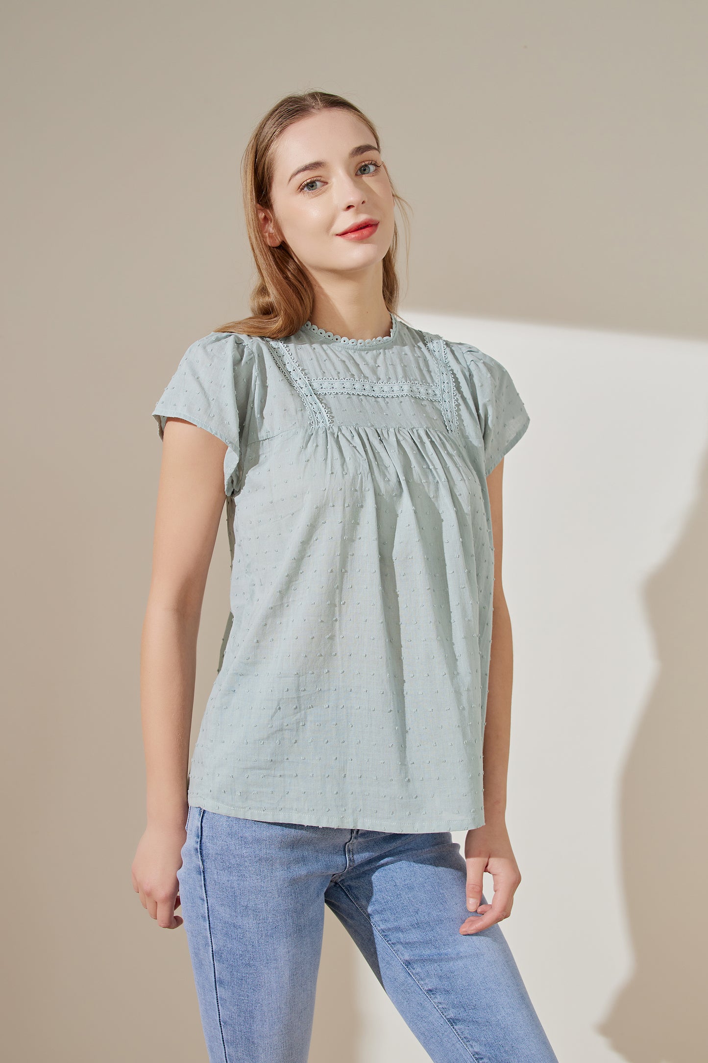 Short sleeve shirt with lace on front neck