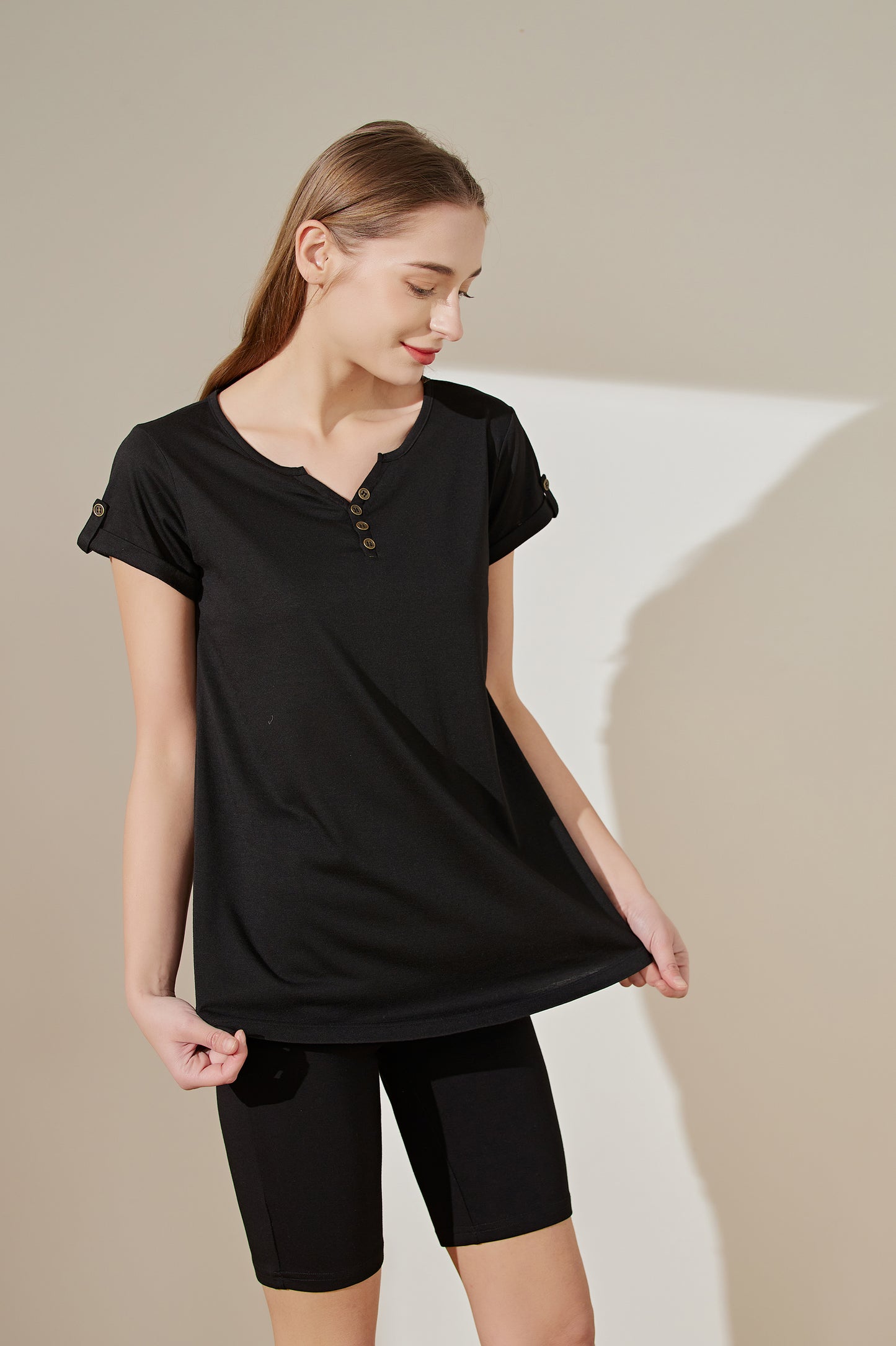 Plus size - short sleeve shirt with Button front neck and button on turned cuff