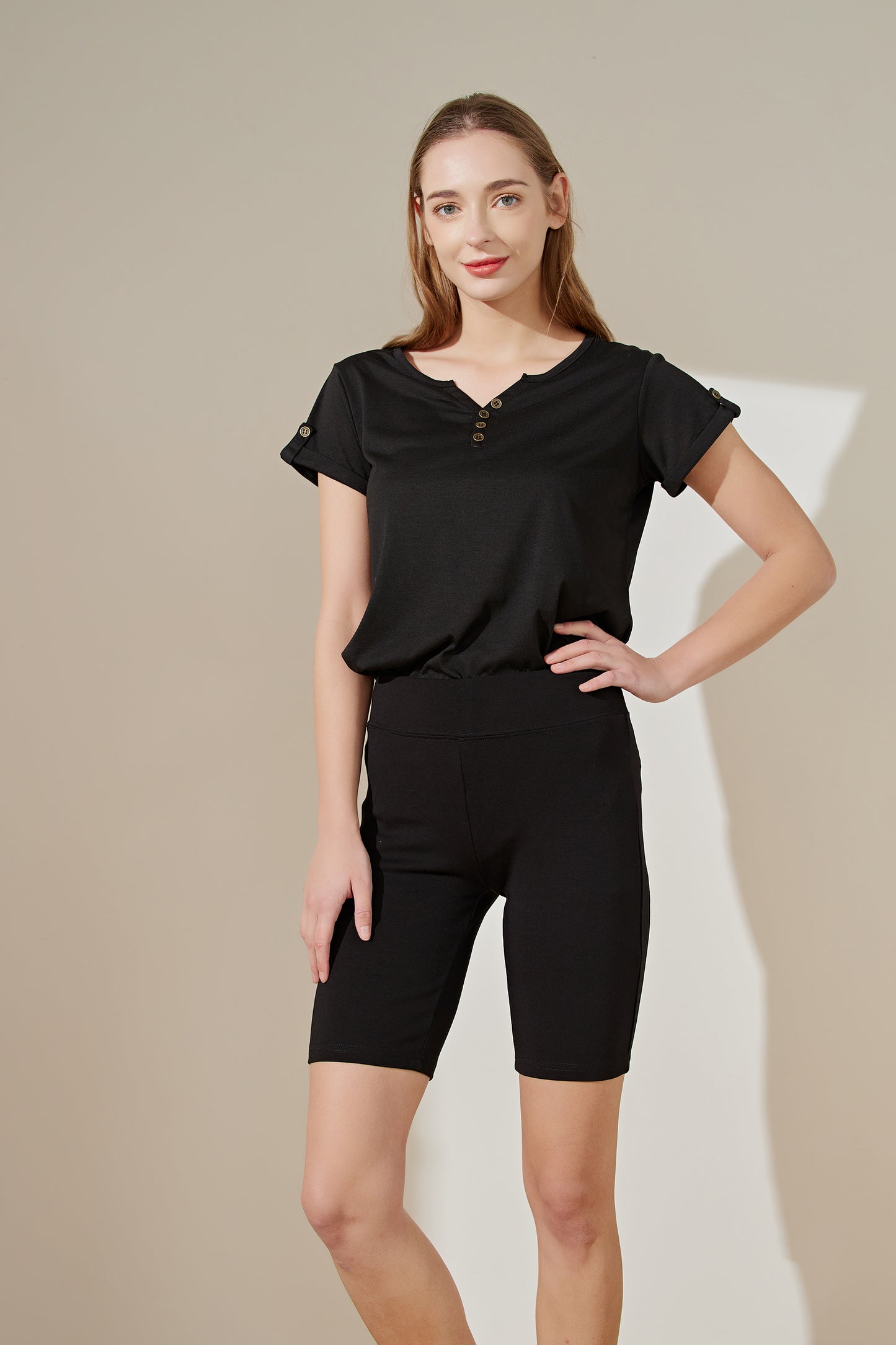 Plus size - short sleeve shirt with Button front neck and button on turned cuff