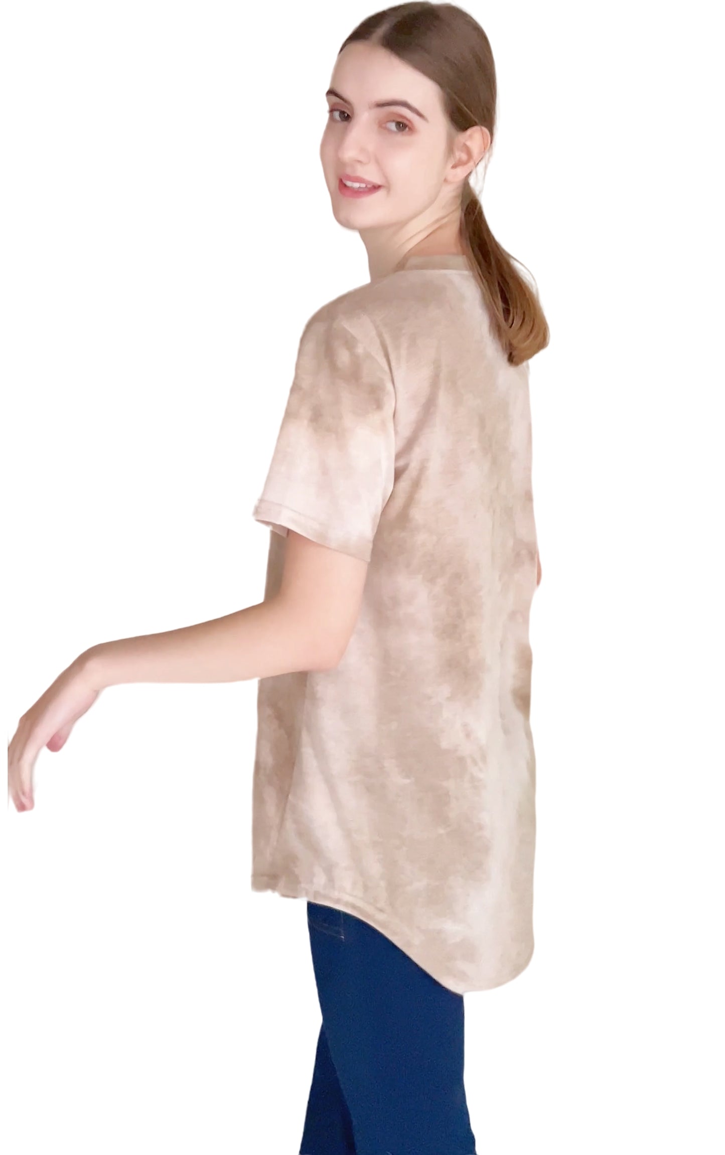 NEEINGO Women's Short Sleeve V Neck Loose Fit Maternity Shirt Hip Length Shirt Top with Mocha Tie Dye and HI LO Hem