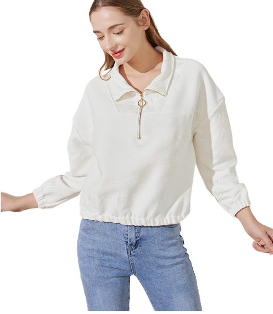 NEEINGO Women's Half Zip Pull Over Cropped Long Sleeve Off Shoulder Sweater Shirt With Elastic on Cuff and Hem