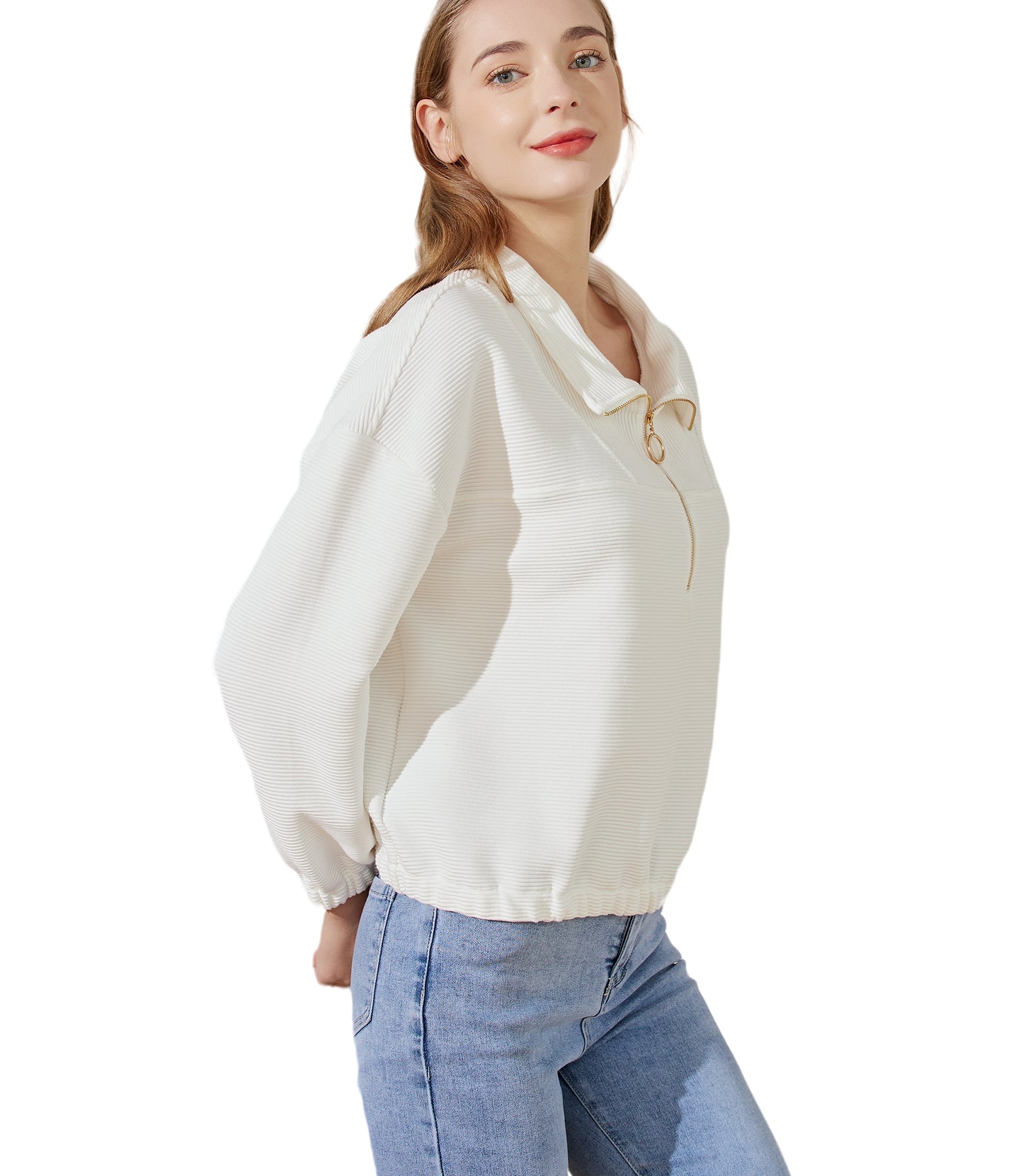 NEEINGO Women's Half Zip Pull Over Cropped Long Sleeve Off Shoulder Sweater Shirt With Elastic on Cuff and Hem